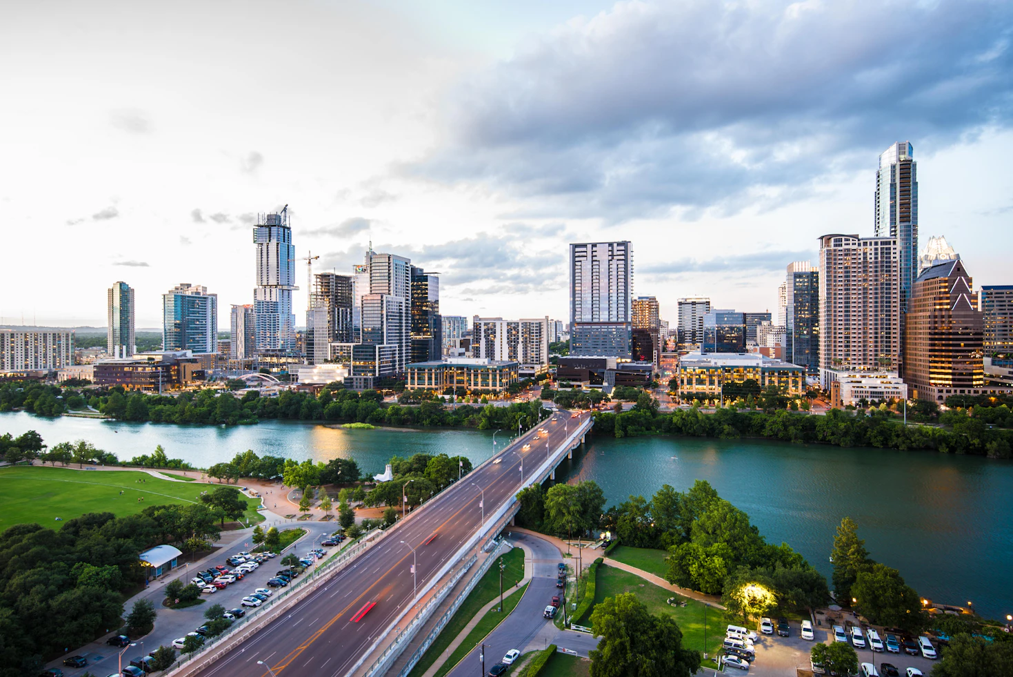 Downtown Austin and Congress Avenue Bridge across Lady Bird Lake